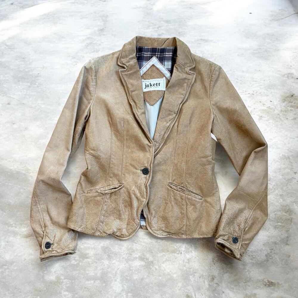 Jakett New York Tan Leather Blazer Jacket| Plaid Lining Size S/M